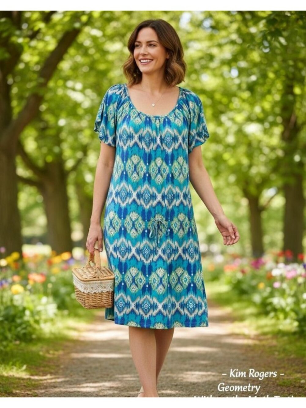 Kim Rogers M Cotton Blue & Green Geometric Print Dress